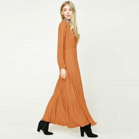 Tiered Maxi Dress Rust Bronze Billowy Sleeves Tassel Tie Front - Picture 2 of 6